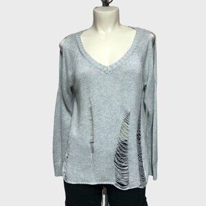 Guess Grey Cold Shoulder Loose Knit V Neck Pullover Sweater Distressed Size M